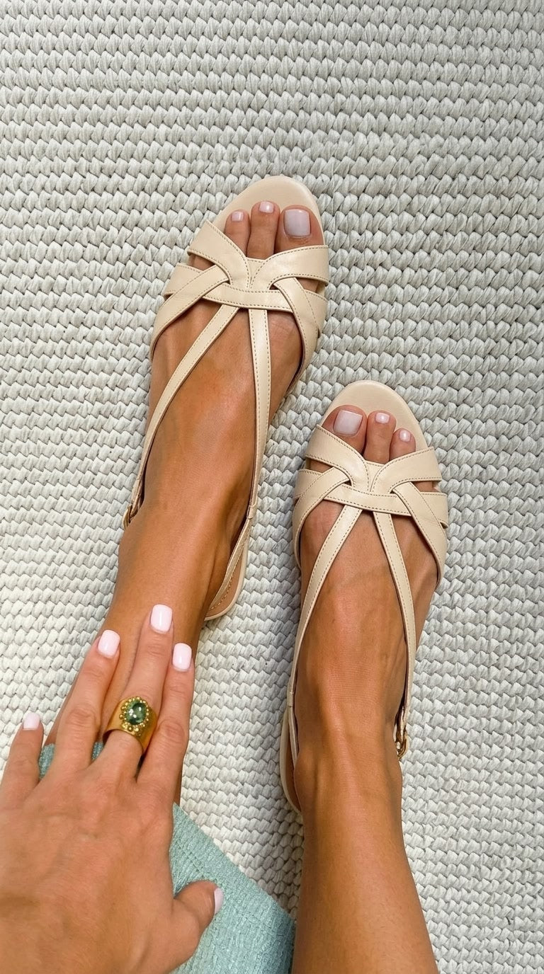 Sandali slingback peep toe bassi Nude con cinturini incrociati